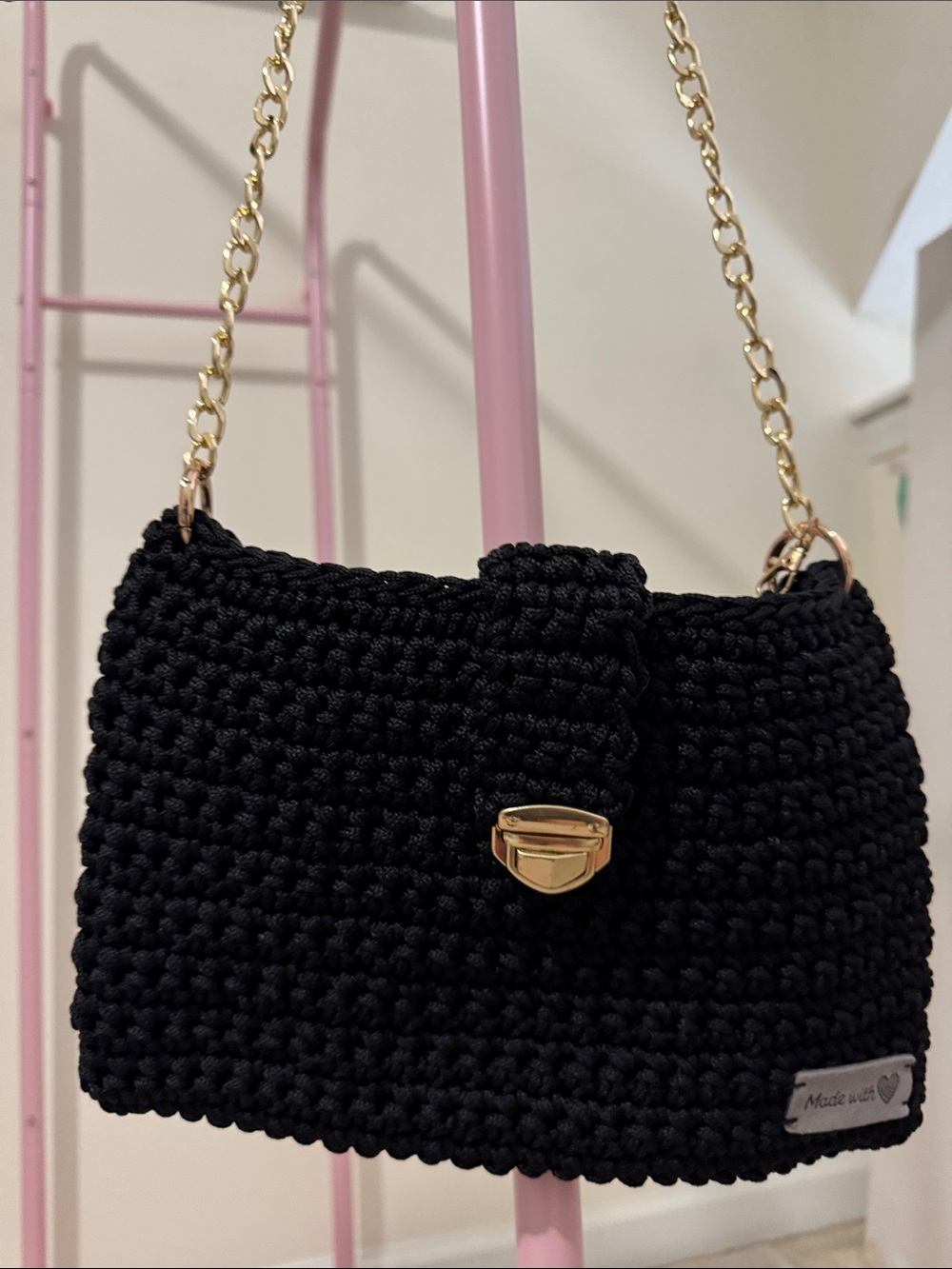 Black Crocheted Chain Shoulder Bag with Gold Hardware